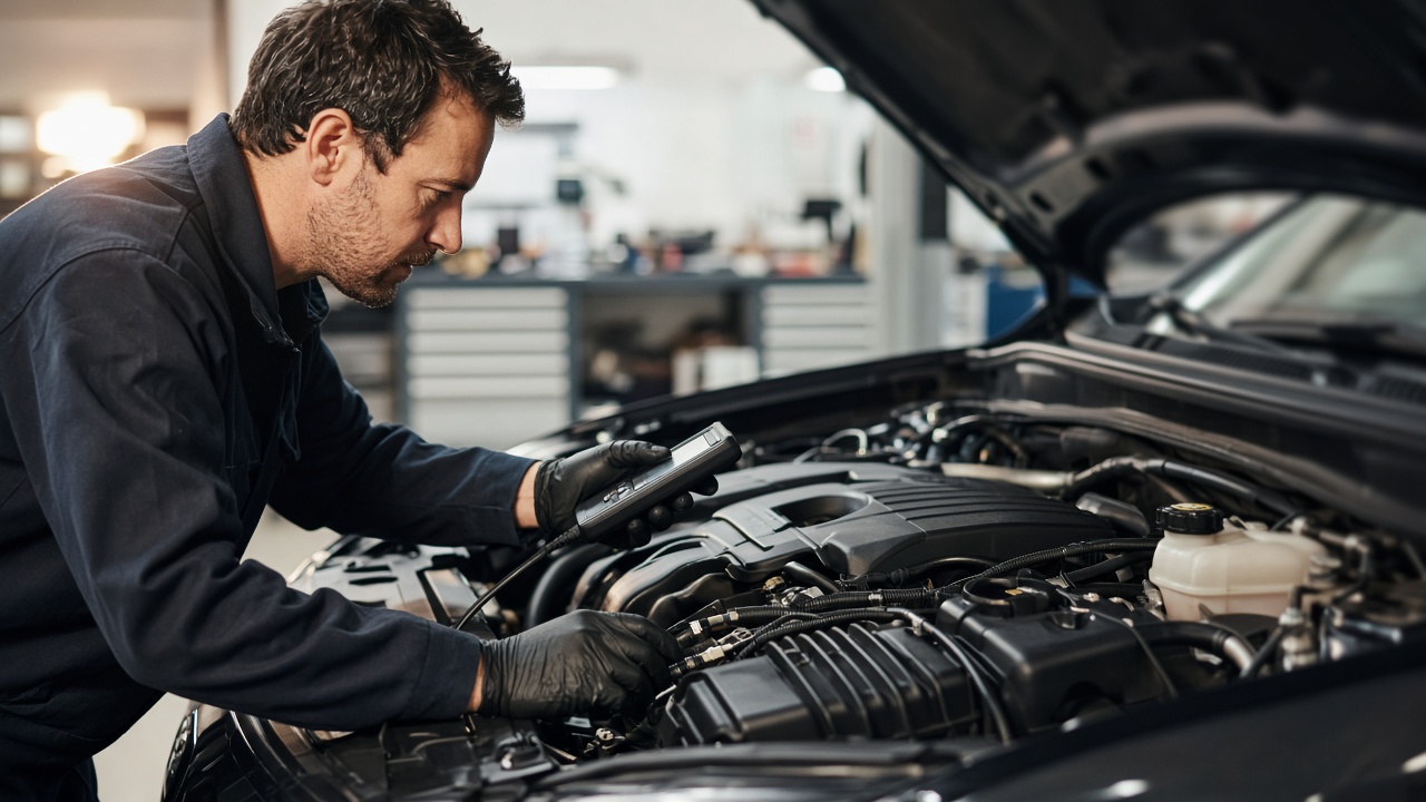 Mechanic inspecting a vehicle engine bay